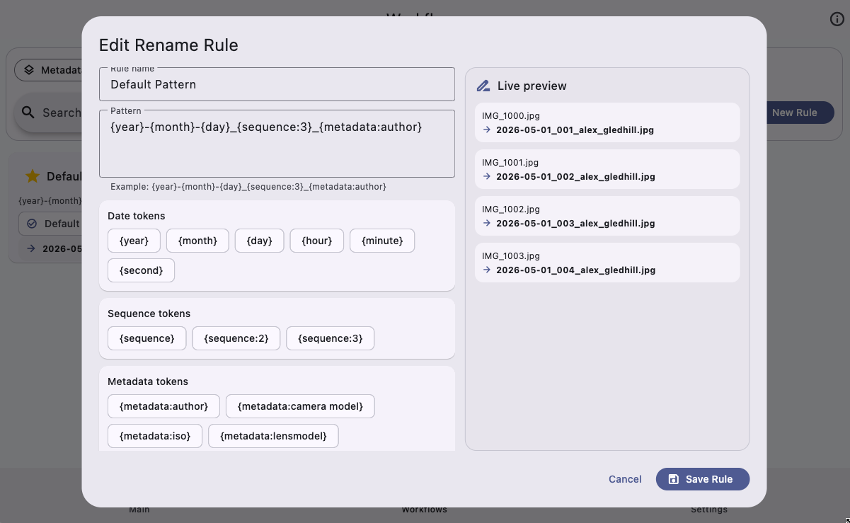 Rename rule details editor showing pattern preview